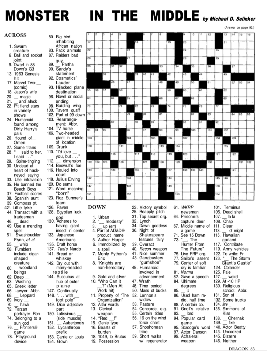 Dnd Crossword Puzzles for 6th Graders Printable