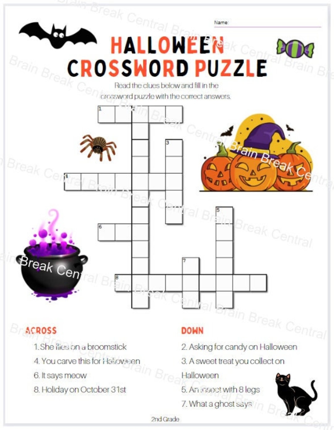 2nd grade halloween crossword puzzle with answer key etsy