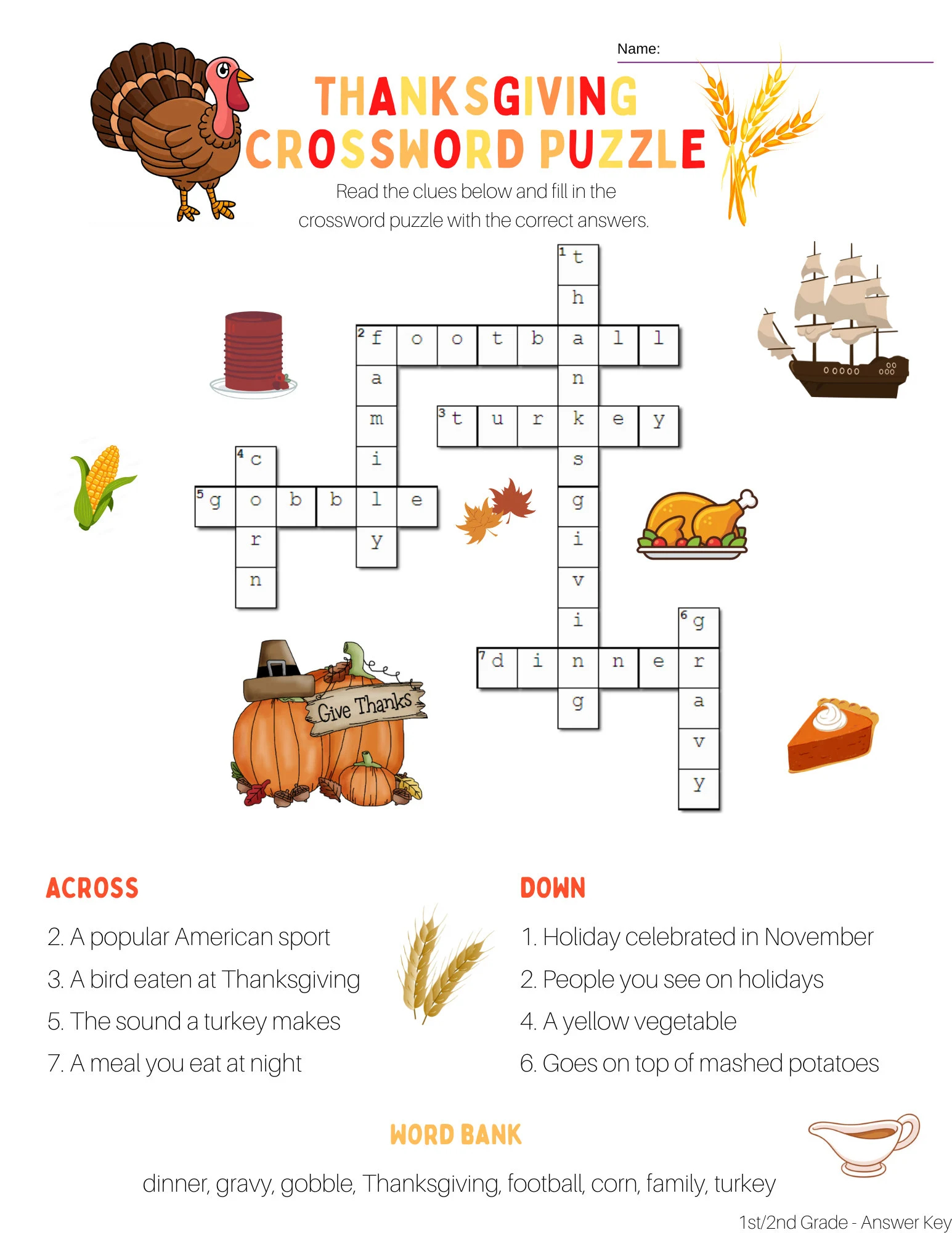 2nd grade thanksgiving crossword puzzle with word bank and answer key printable