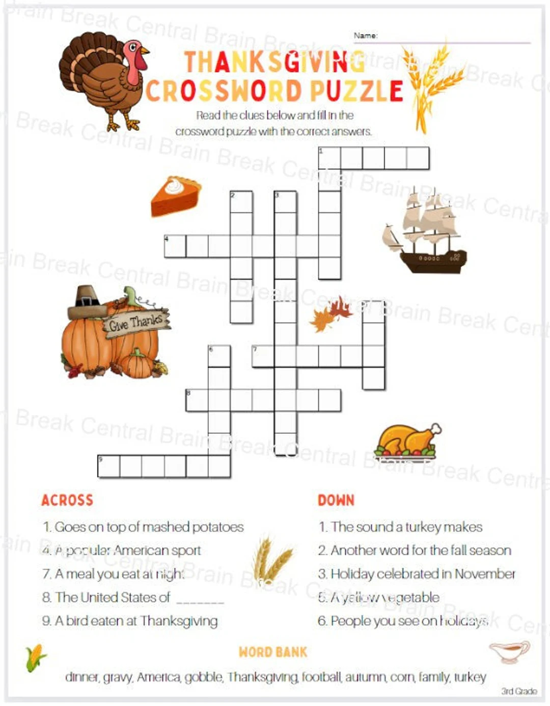 3rd grade thanksgiving crossword puzzle with word bank and answer key printable etsy