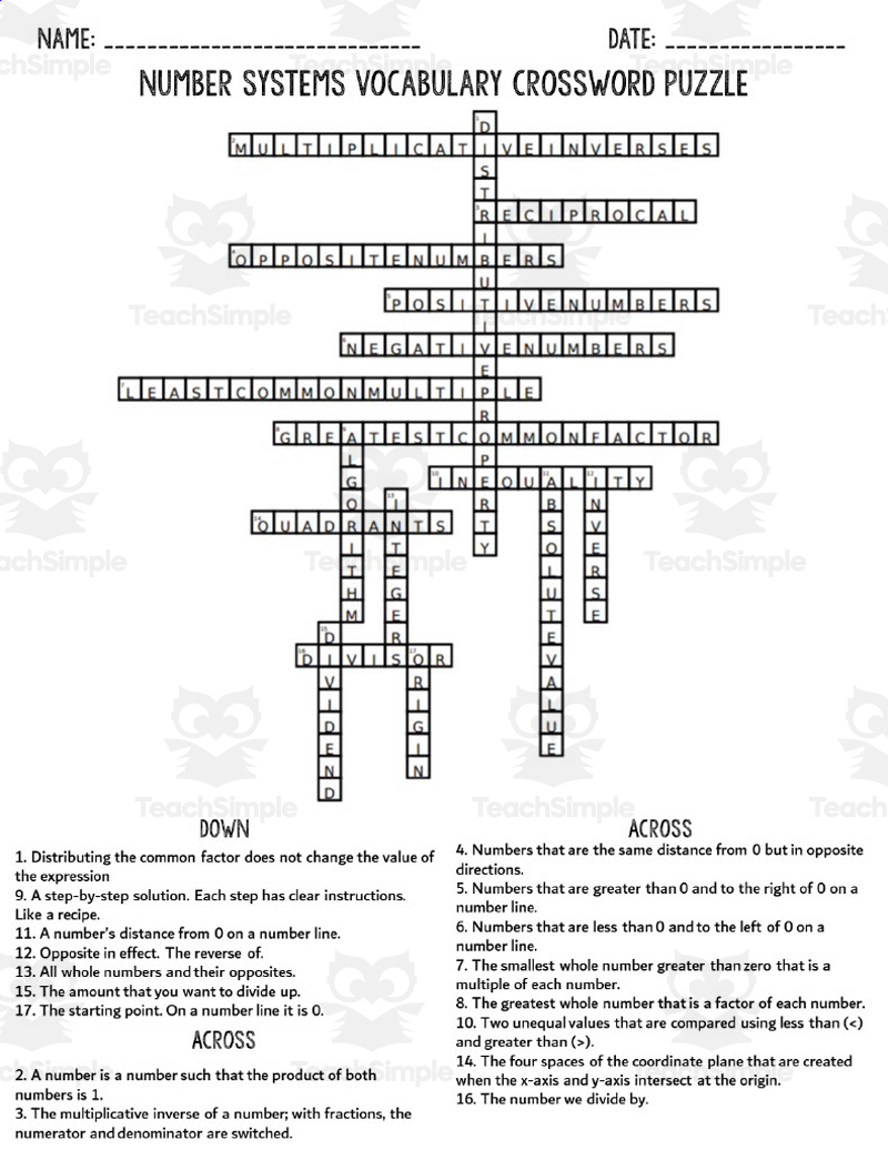 Crossword Puzzles for 6th Graders Printable
