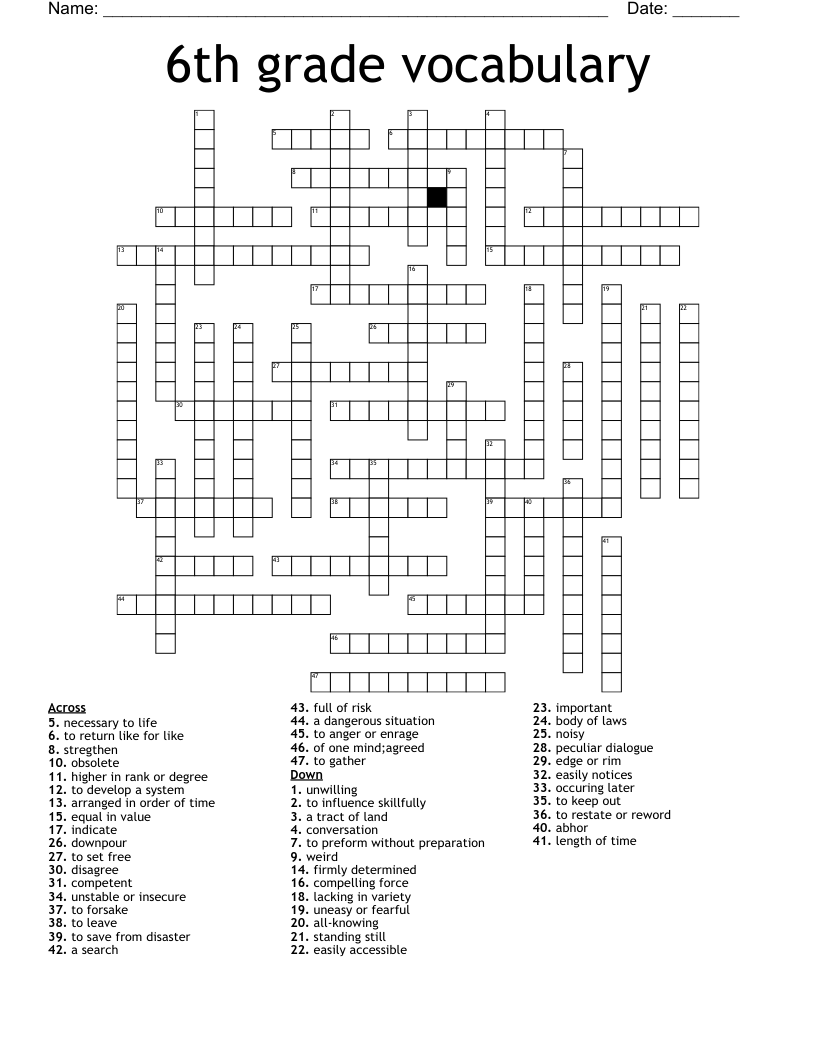 Crossword Puzzles 6th Grade Printable