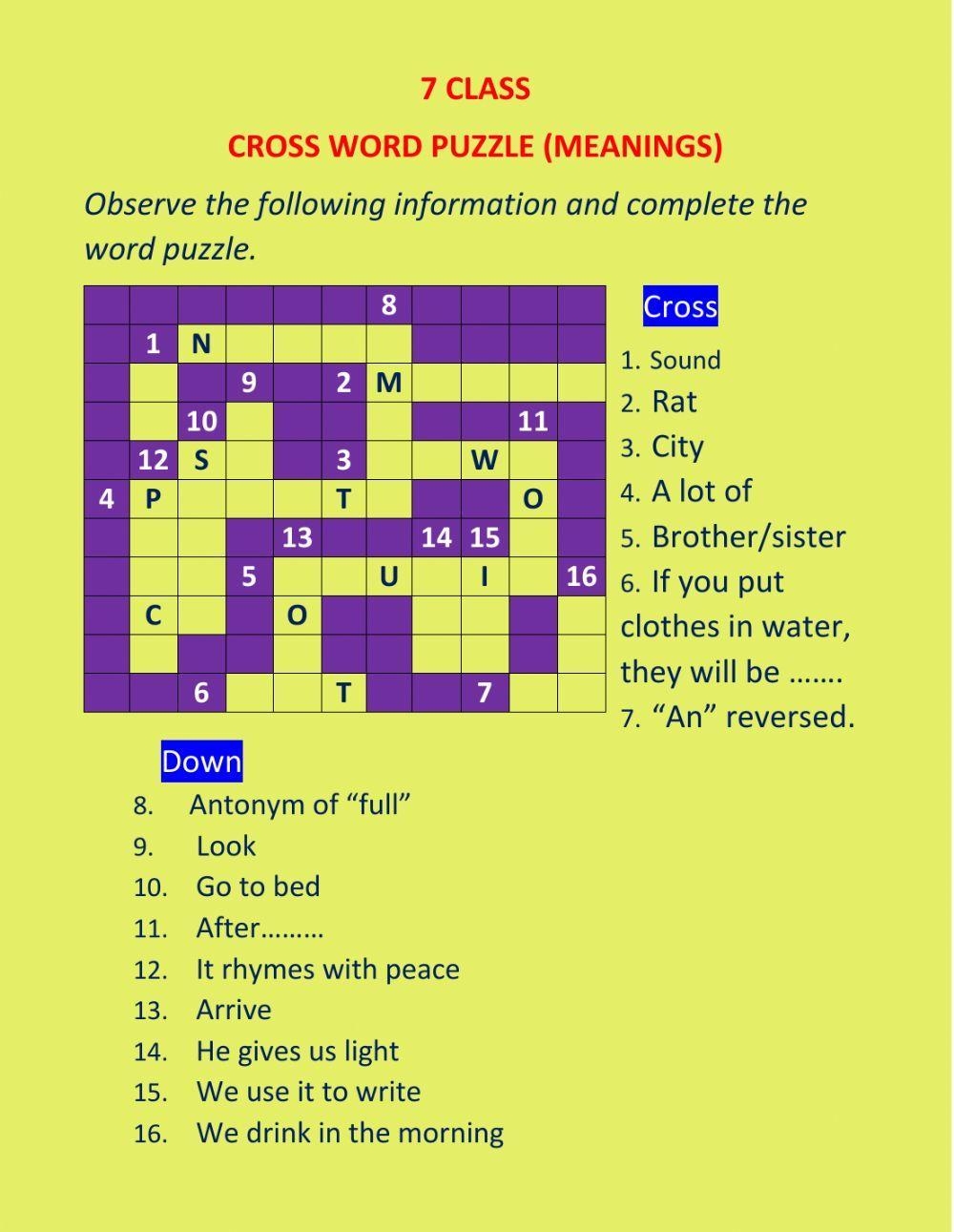 7th Grade Crossword Puzzles Printable