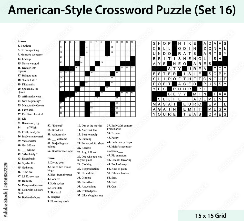 American Style Crossword Puzzle With A 15 X 15 Grid Includes Blank Crossword Grid Clues And Solution Stock Vector Adobe Stock