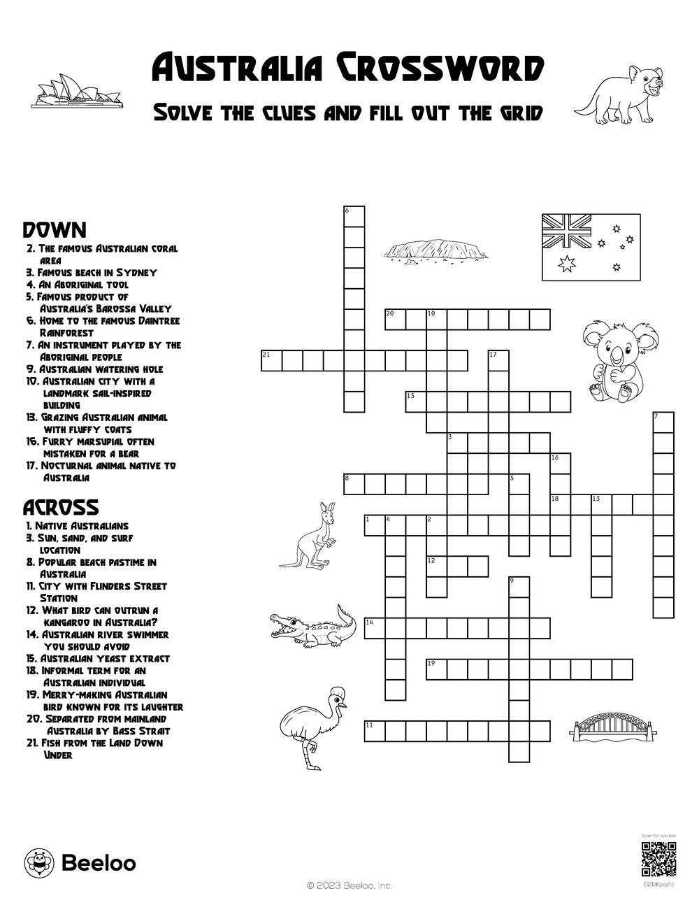 australia themed crossword puzzles beeloo printable crafts and activities for kids