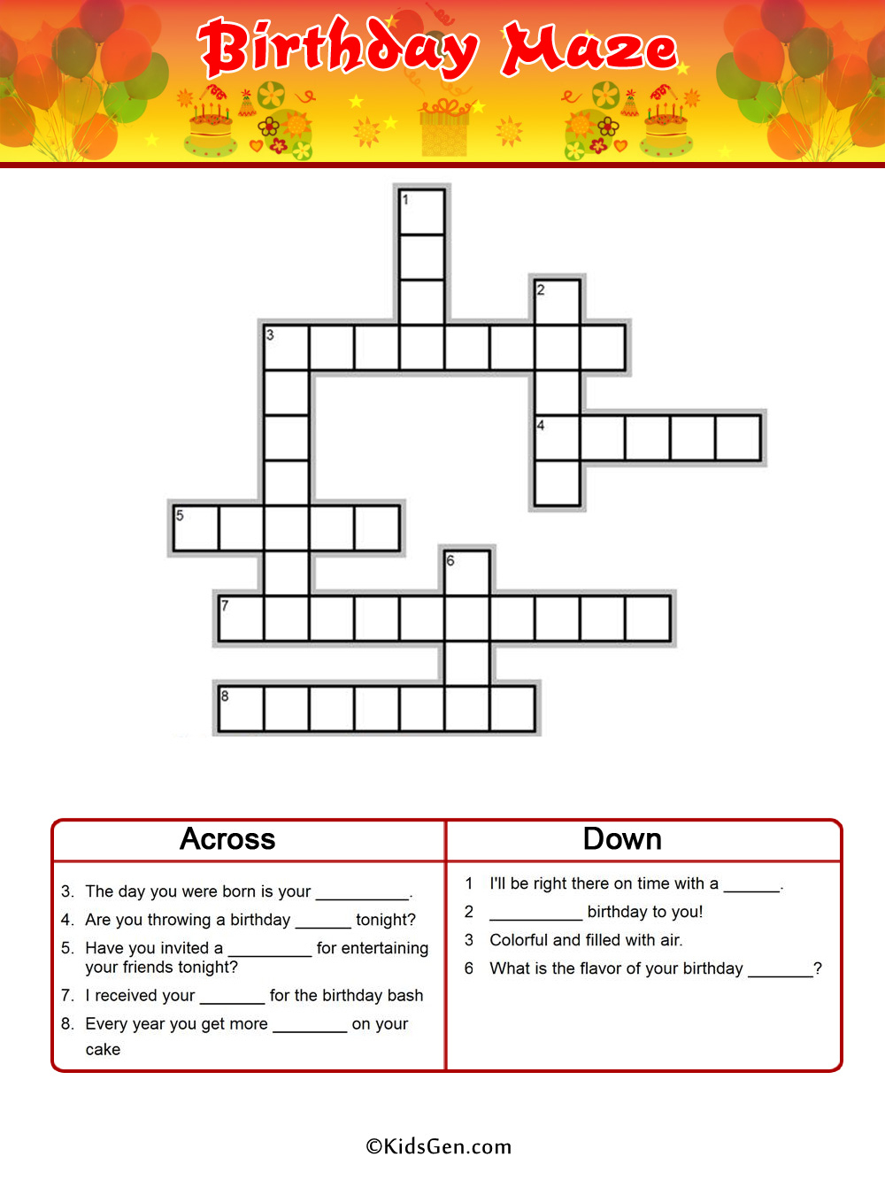 Birthday Color Crossword Template