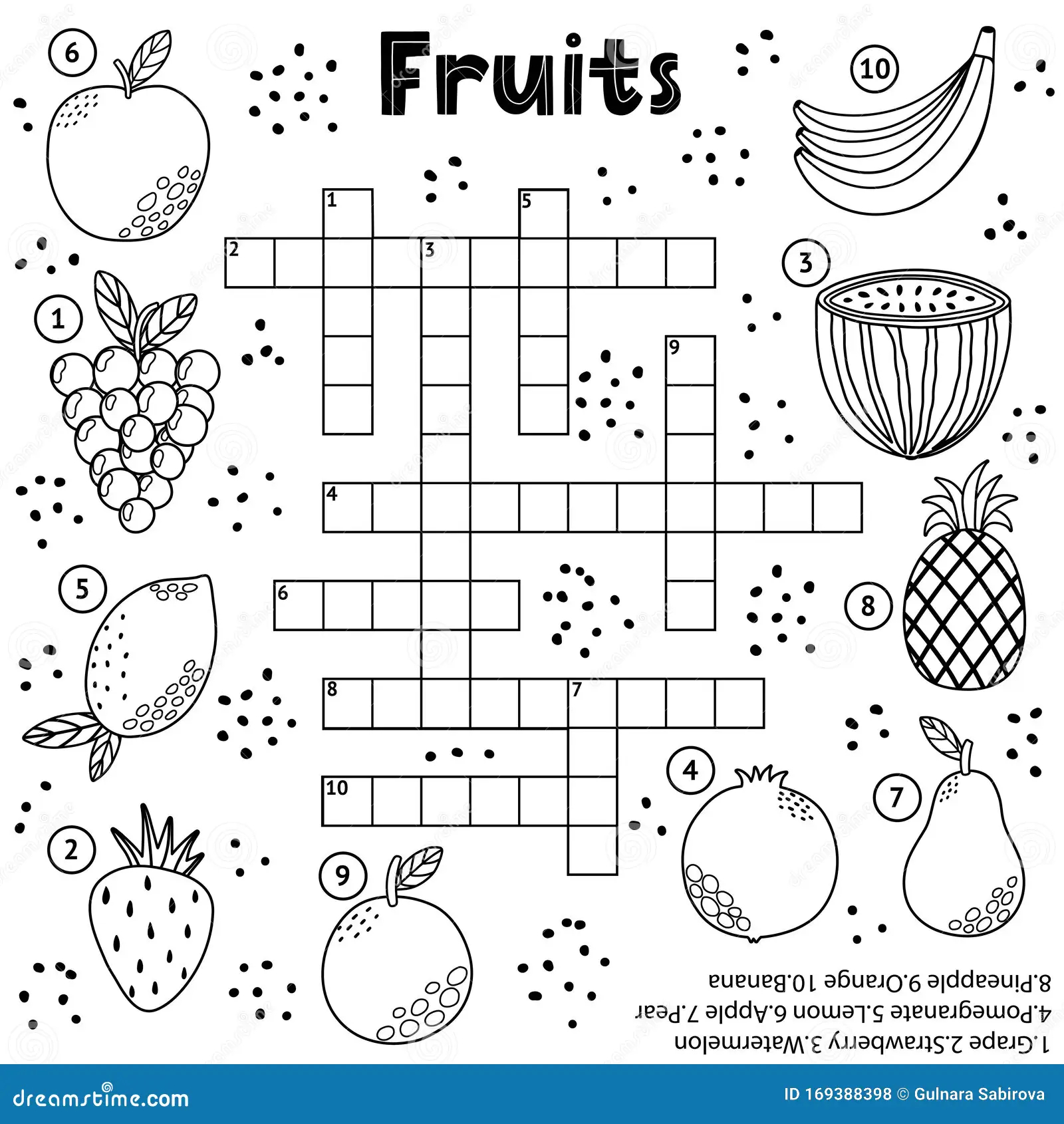 Black And White Crossword Puzzle Game With Fruits For Kids Stock Vector Illustration Of Lemon Food 169388398