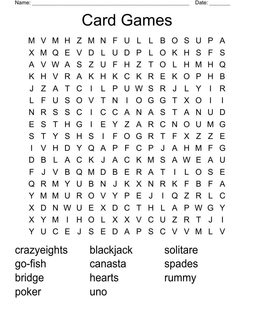 Card Games Word Search WordMint