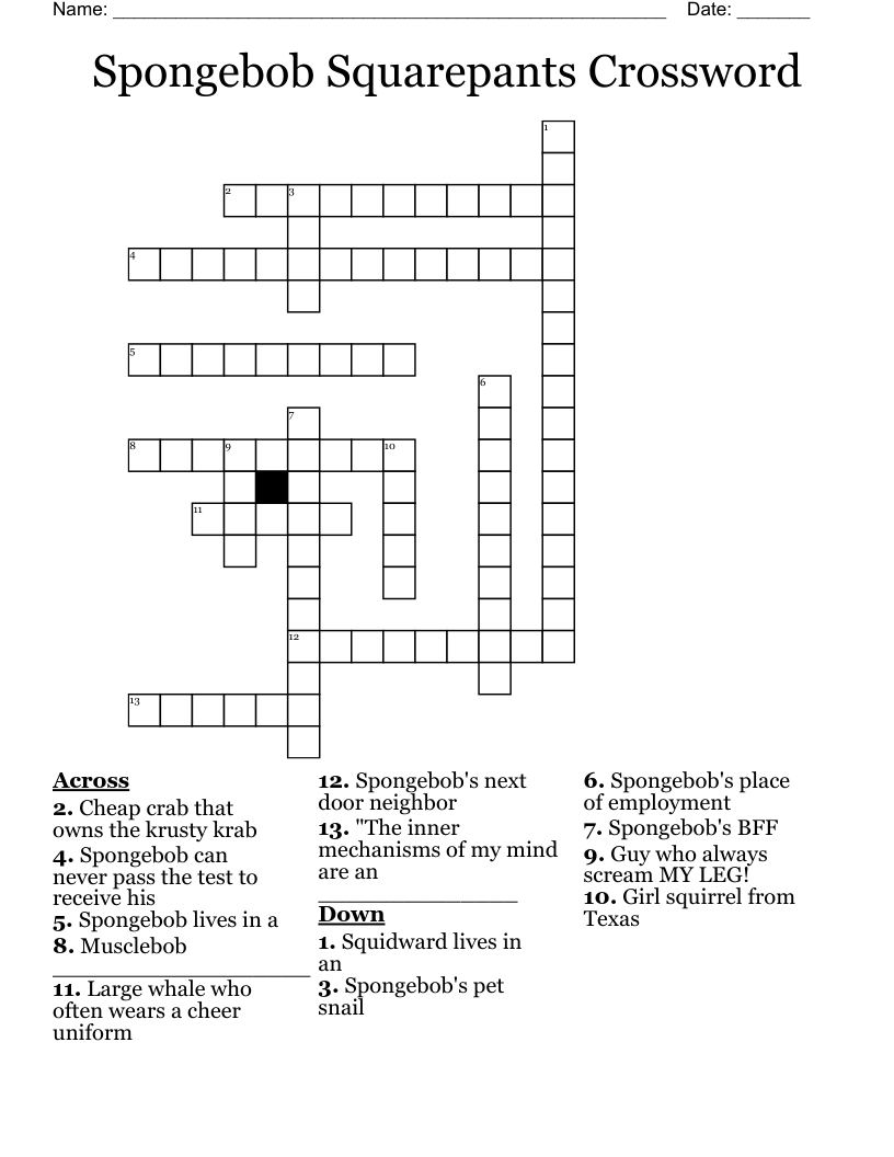 Cartoon Crossword Puzzles Printable