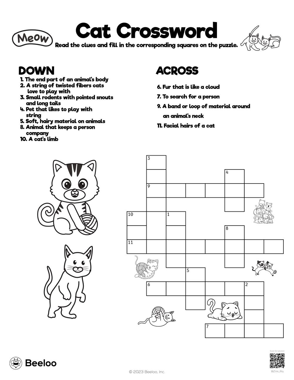 cat themed crossword puzzles beeloo printable crafts and activities for kids