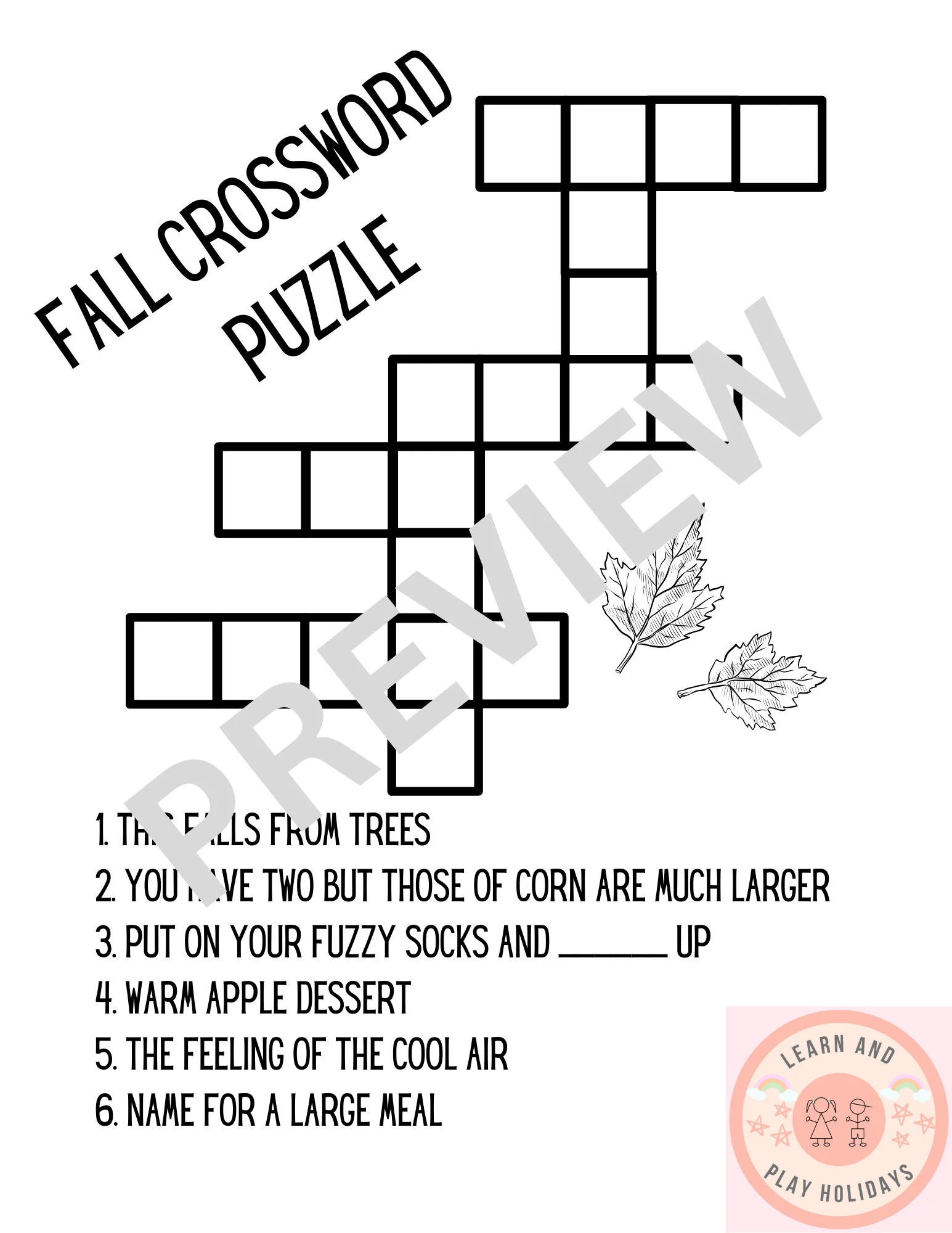 Children s Fall Crossword Puzzle Printable Activity Etsy