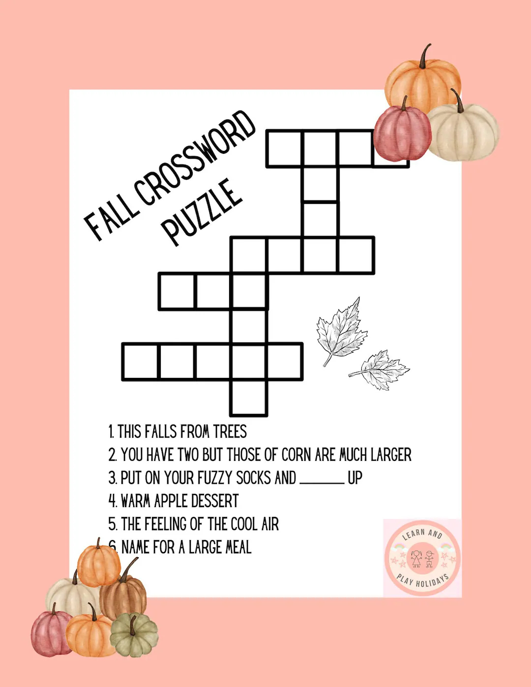 Children s Fall Crossword Puzzle Printable Activity Etsy
