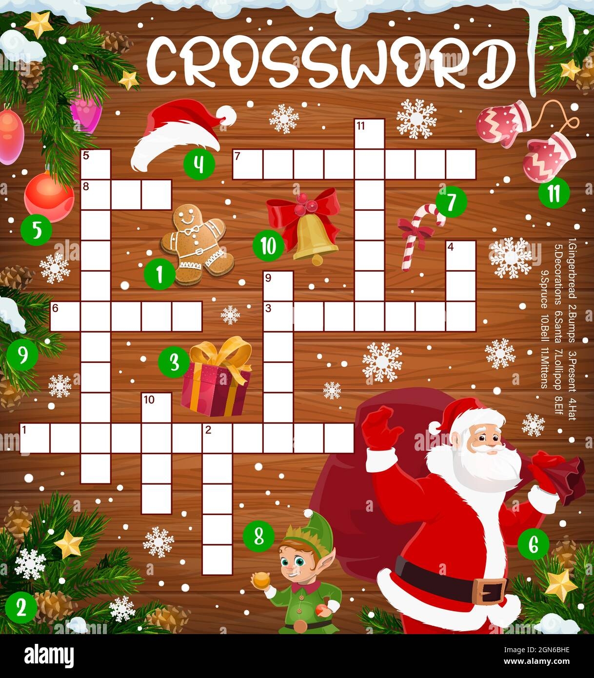Christmas Crossword Cross Puzzle With Santa And Gifts Pine Tree And Gingerbread Elf And Lollipop Candy Find Word Quiz For Kids Educational Riddle With Christmas Cartoon Characters Wood Background Stock Vector Image