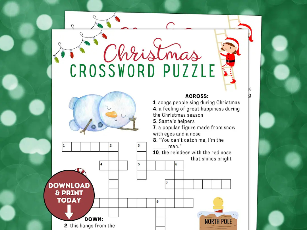christmas crossword puzzle christmas game for kids holiday classroom games fun christmas game christmas party game holiday fun etsy