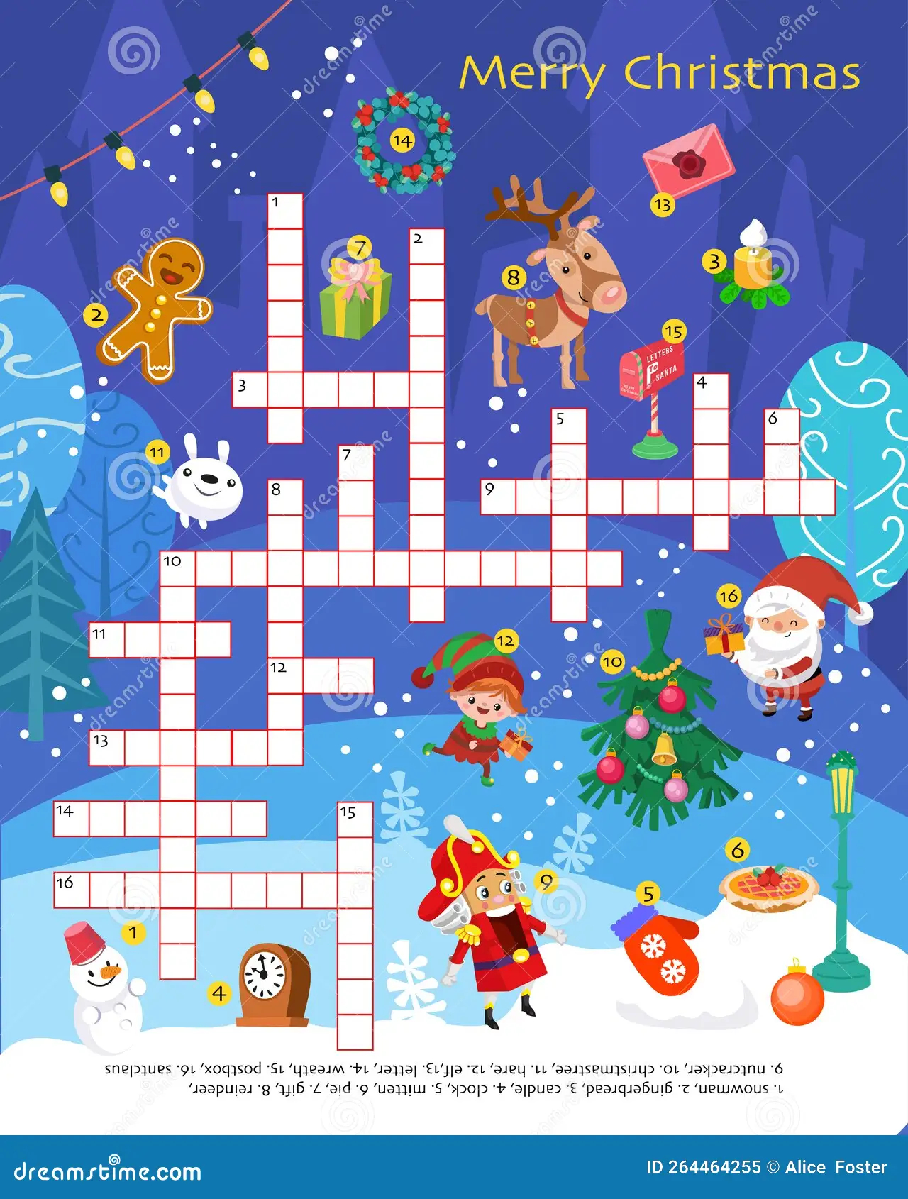 christmas crossword puzzle game for children set of winter holiday objects printable worksheet for kids stock vector illustration of cute holiday 264464255