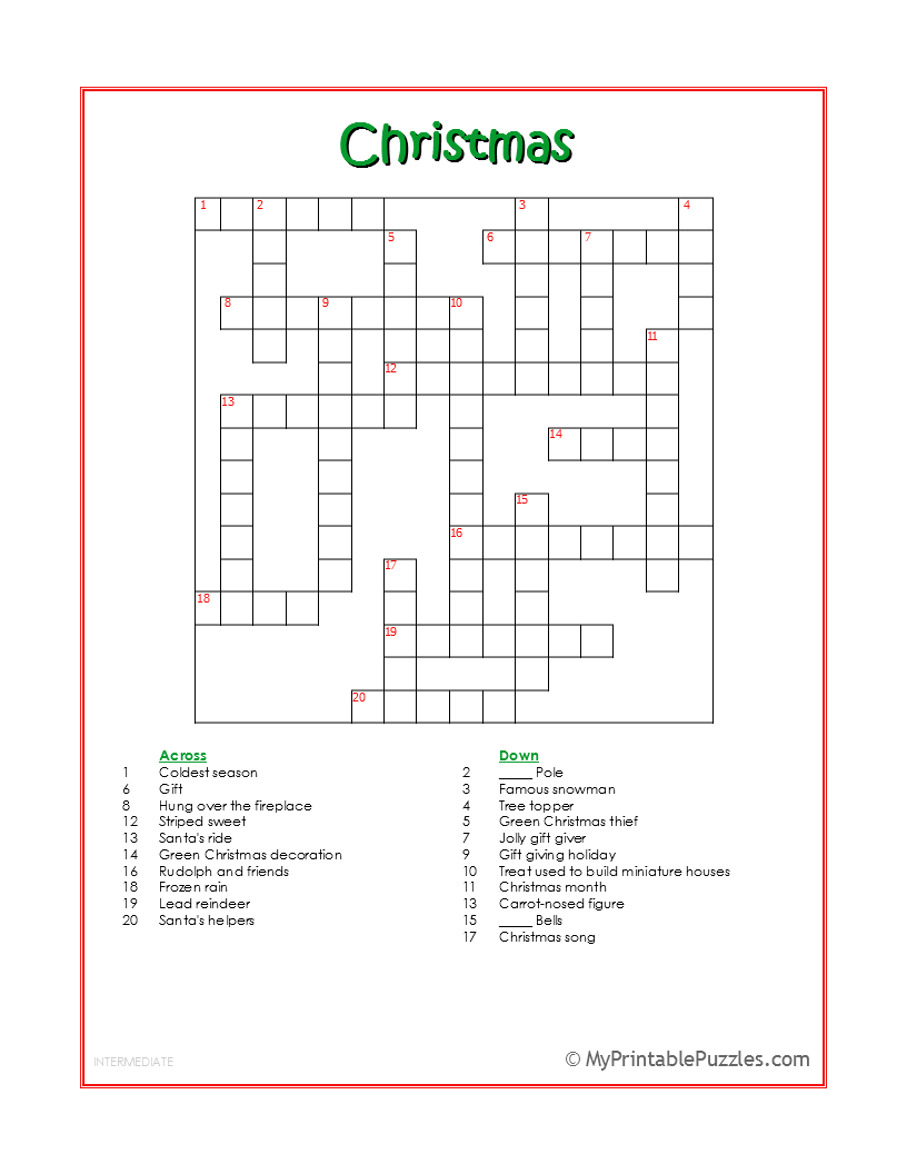 christmas crossword puzzle intermediate my printable puzzles