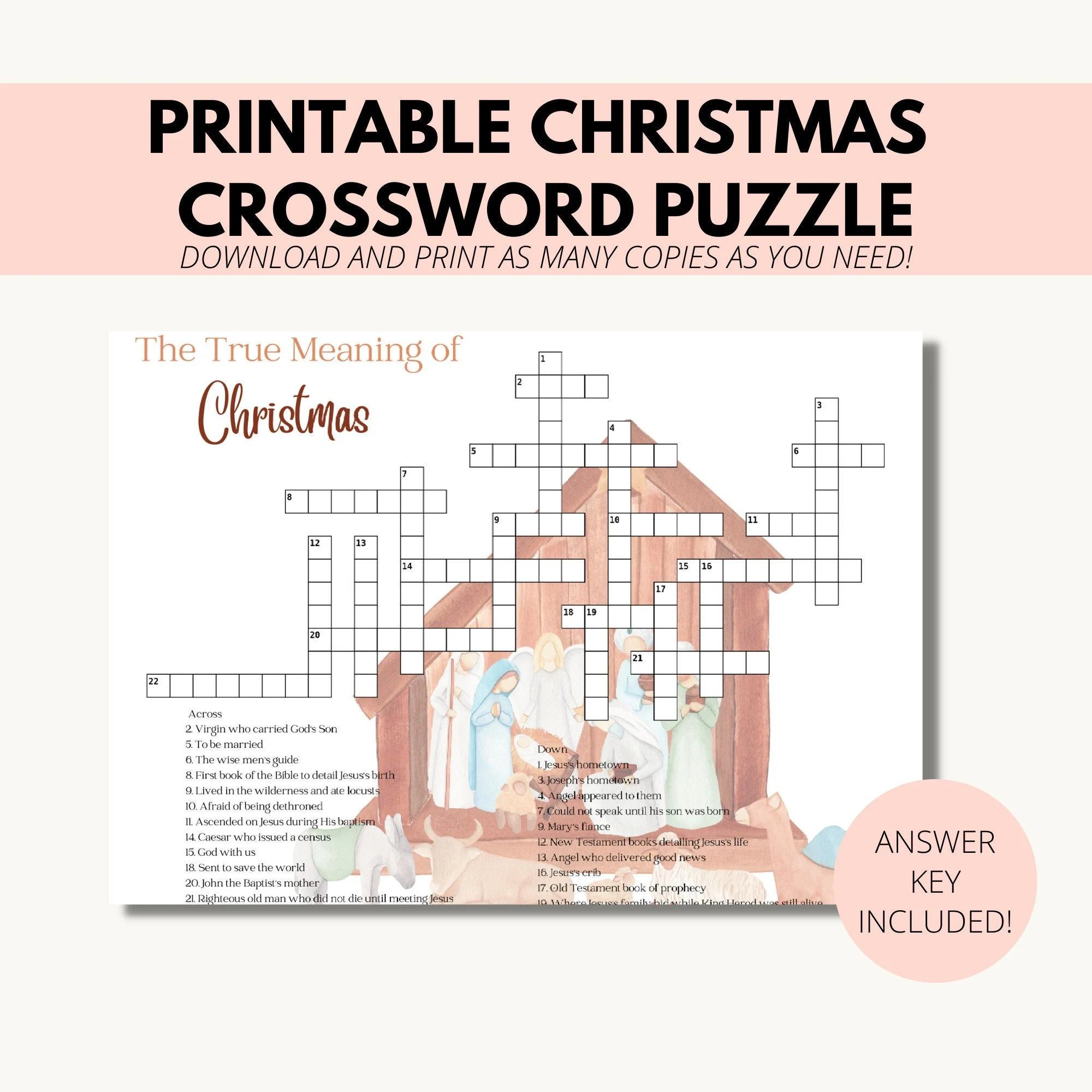 christmas nativity crossword puzzle printable religious crossword christmas crossword puzzle for adults and kids etsy