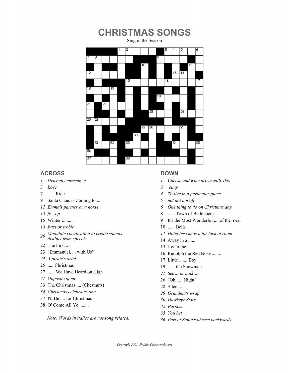 Christmas Songs Crossword Puzzle Party Puzzle Newsword