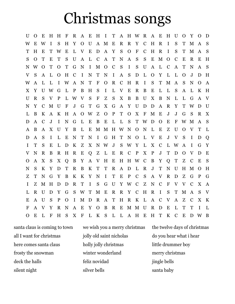Christmas Songs Word Search WordMint