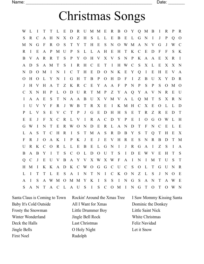 Christmas Songs Crossword Printable