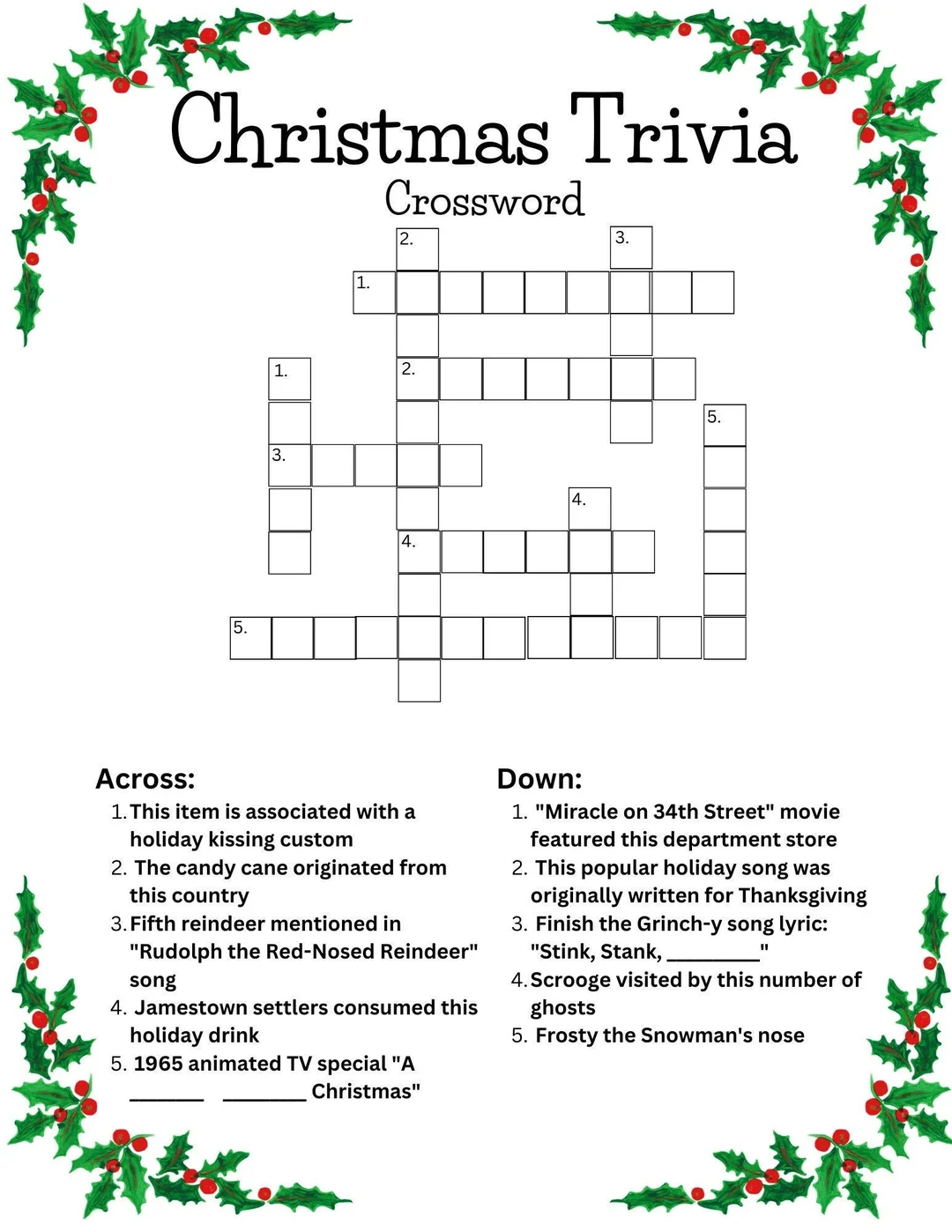 Christmas Trivia Crossword Etsy