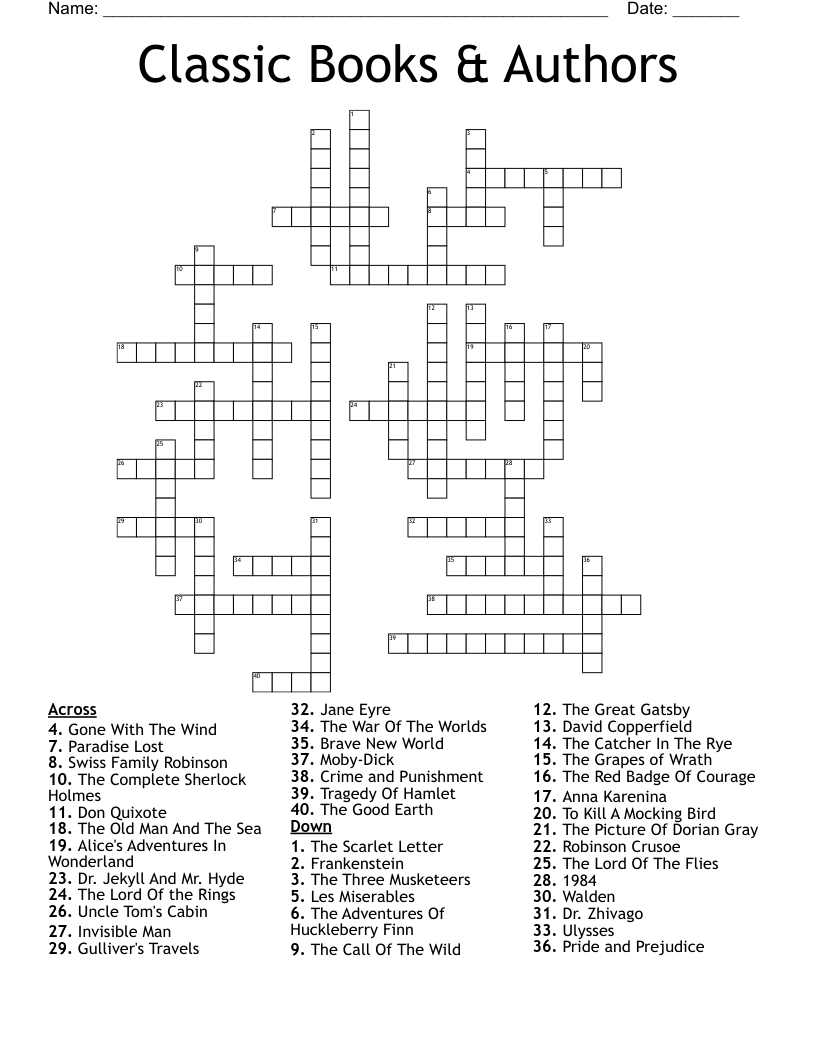Classic Books Authors Crossword WordMint Classic Books Authors Crossword WordMint