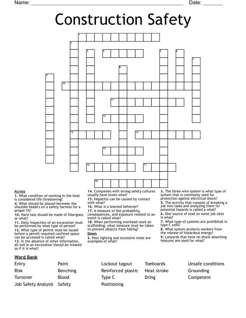 Construction Safety Crossword WordMint