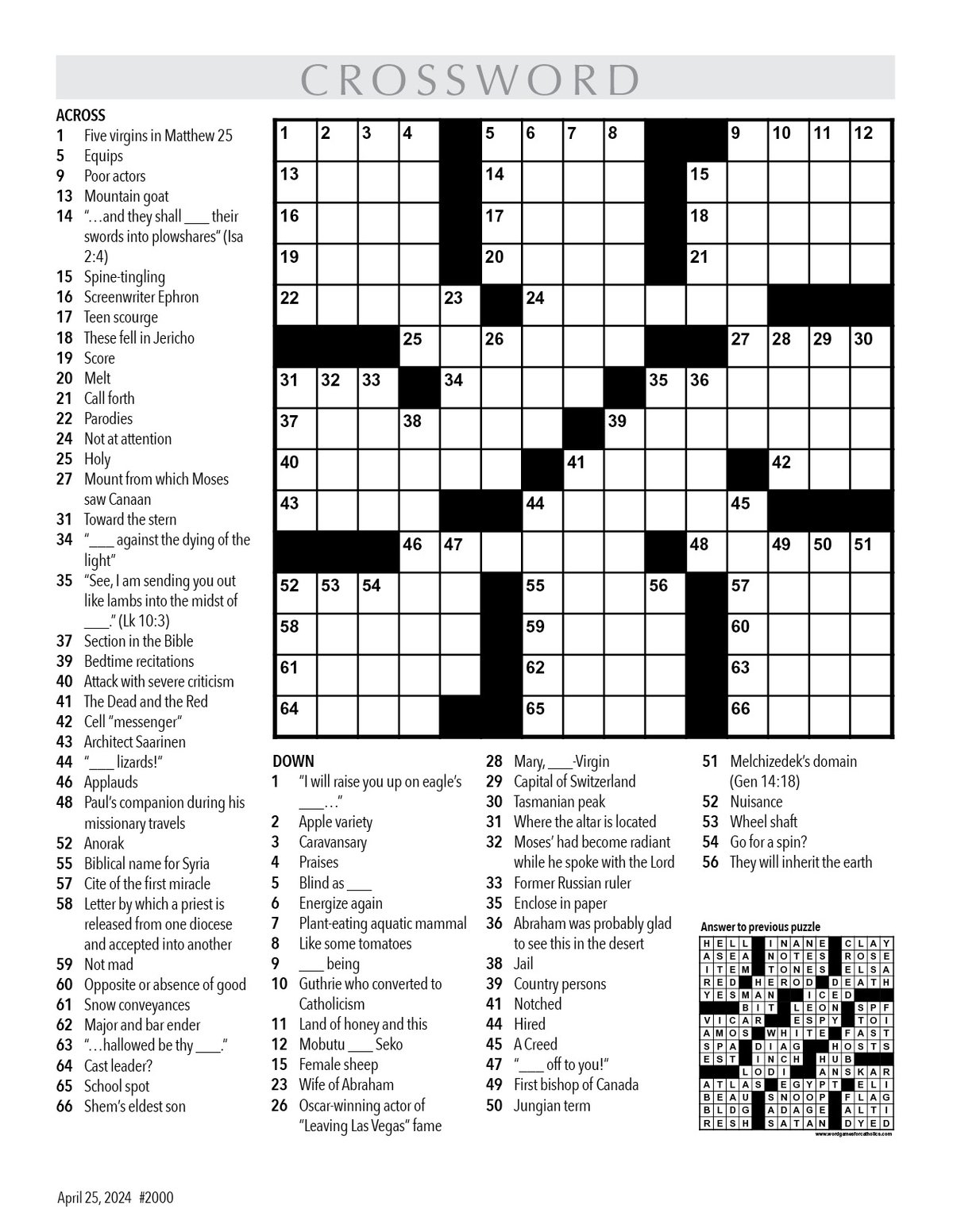 Crossword April 25 2024 Northwest Catholic Read Catholic News Stories