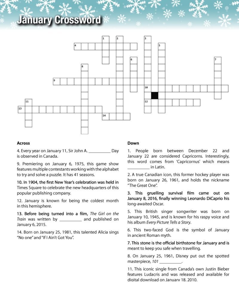 January Crossword Printable