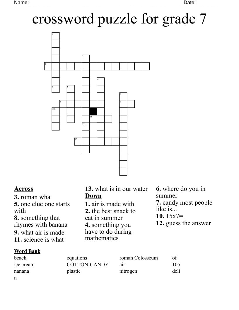 crossword puzzle for grade 7 wordmint