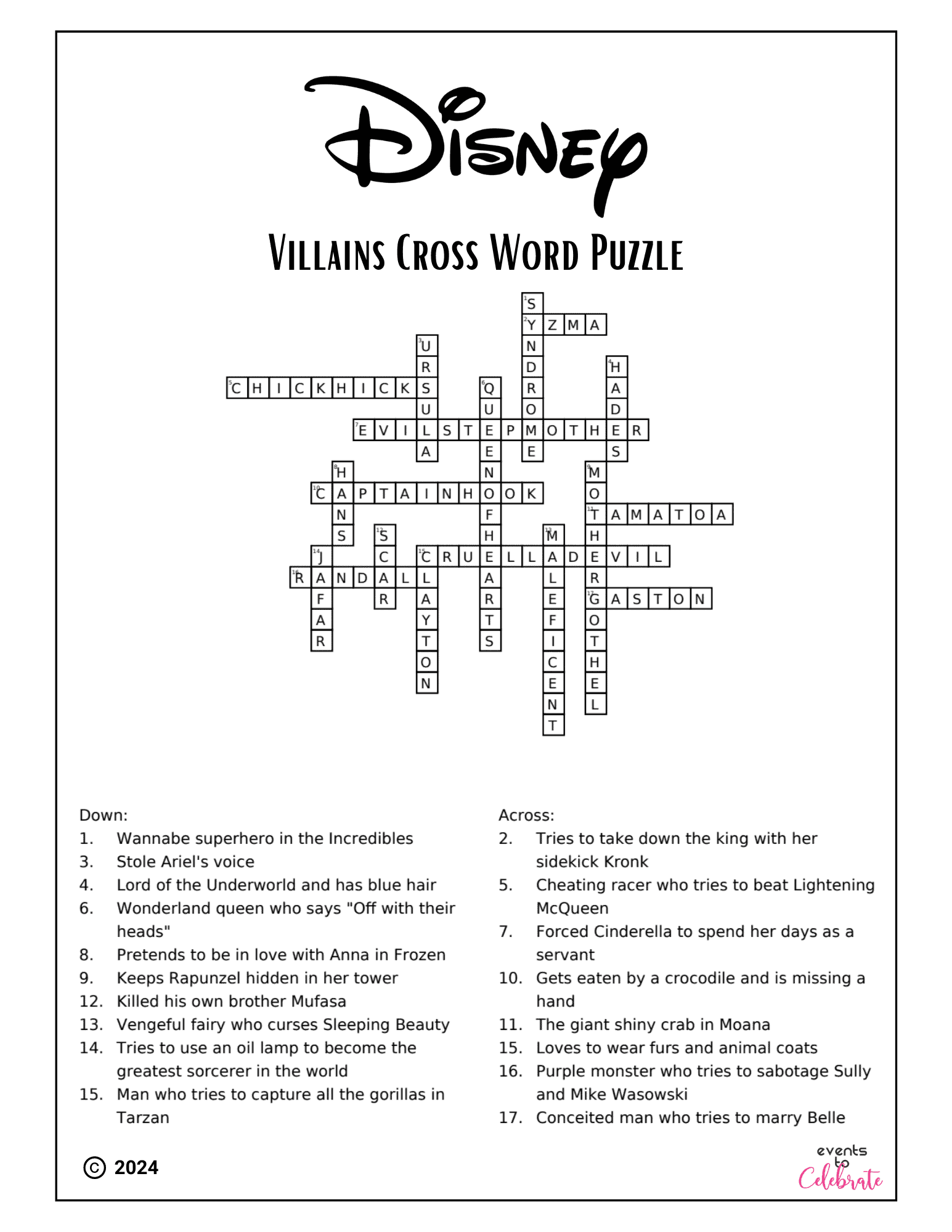 Disney Crossword Puzzles For Kids Villains And Heroes Party 