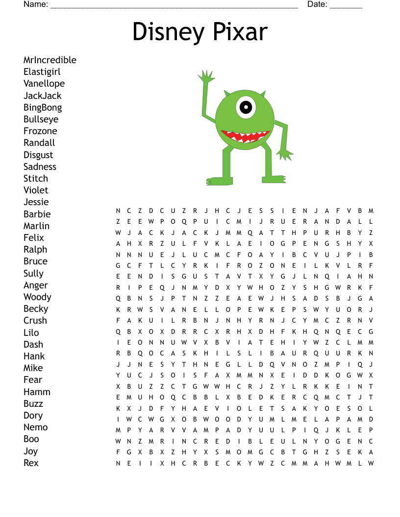 Printable Pixar Crossword Puzzles