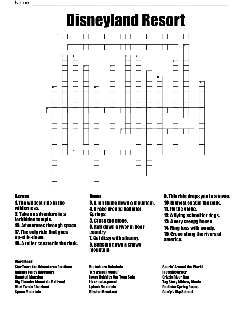 Disneyland Resort Crossword WordMint Disneyland Resort Crossword WordMint