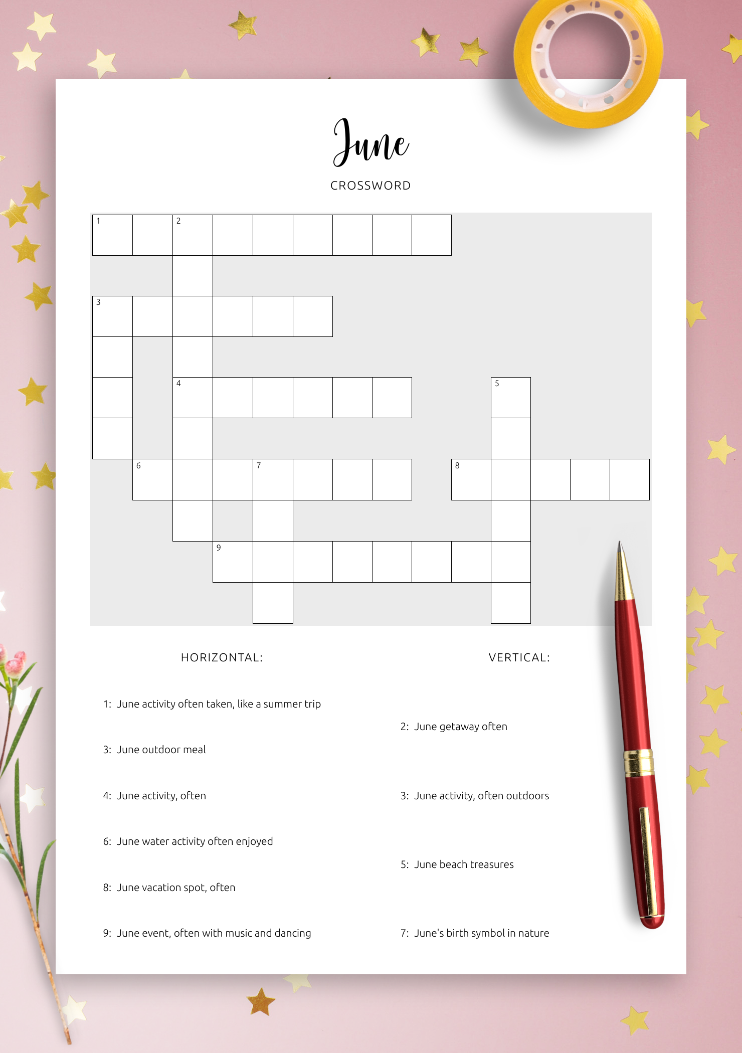 Download Printable June Crossword PDF Puzzle Summertime Challenge Download Printable June Crossword PDF Puzzle Summertime Challenge