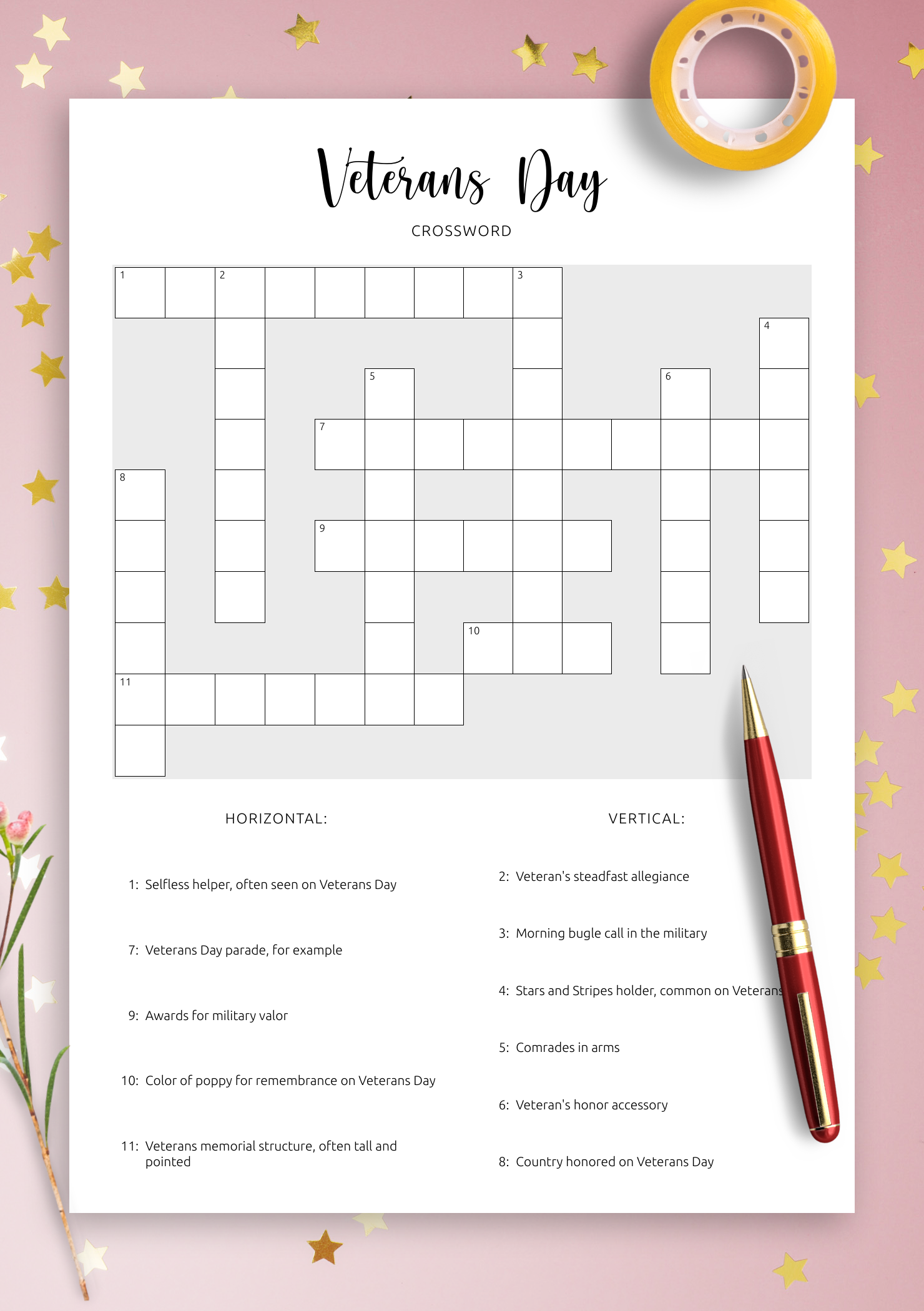 Download Printable Veterans Day Crossword PDF Puzzle Salute To Service