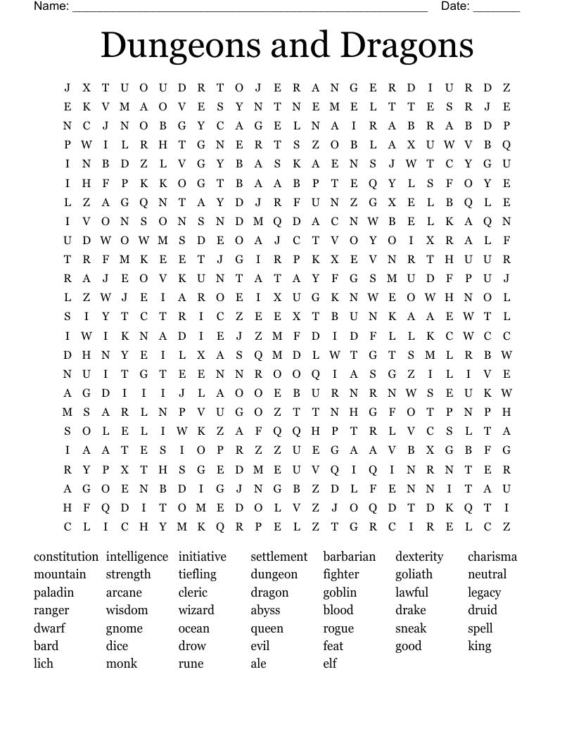 Dungeons And Dragons Word Search WordMint