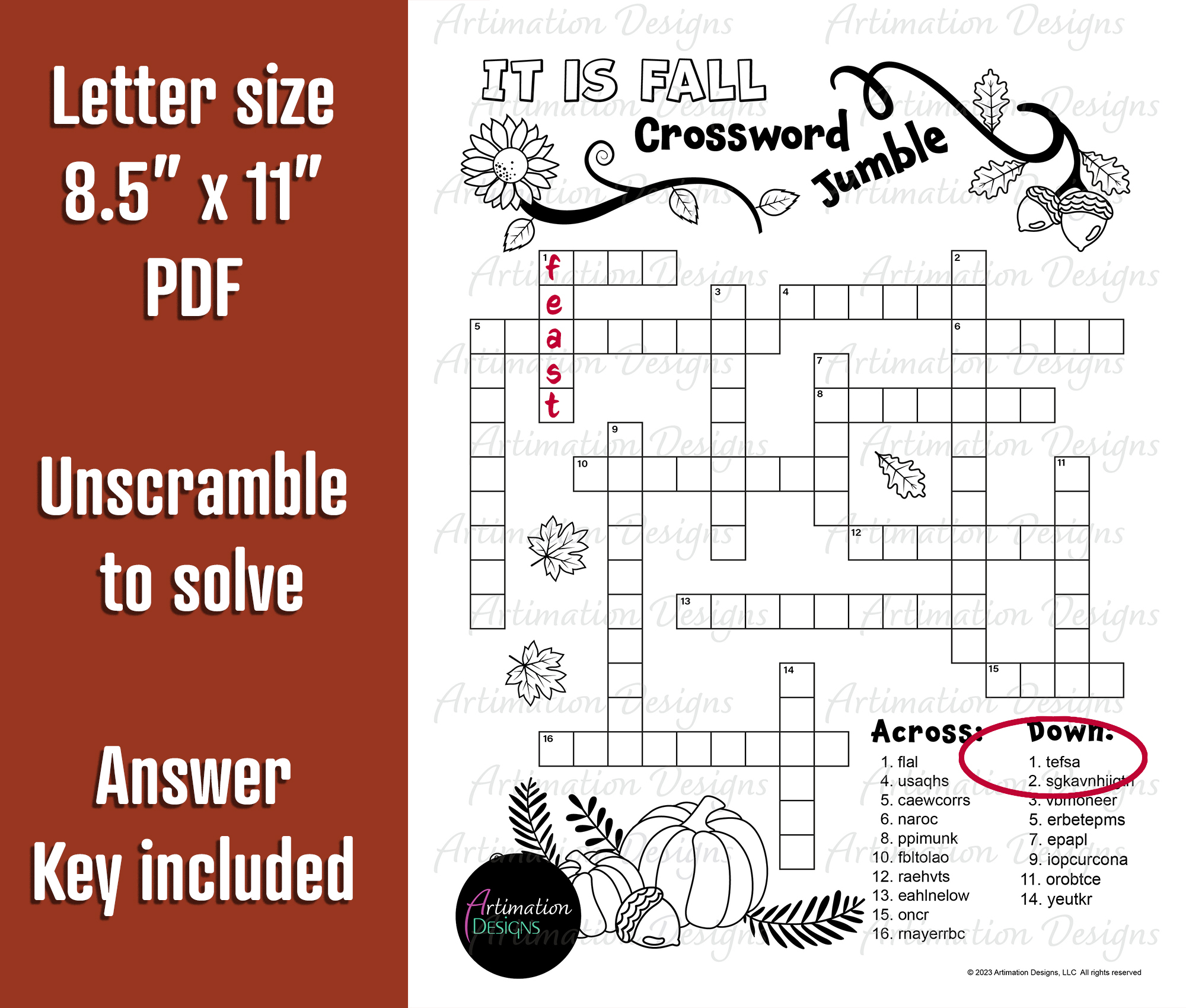 Fall Crossword Jumble Puzzle Autumn Word Scramble Word Game Activity Made By Teachers