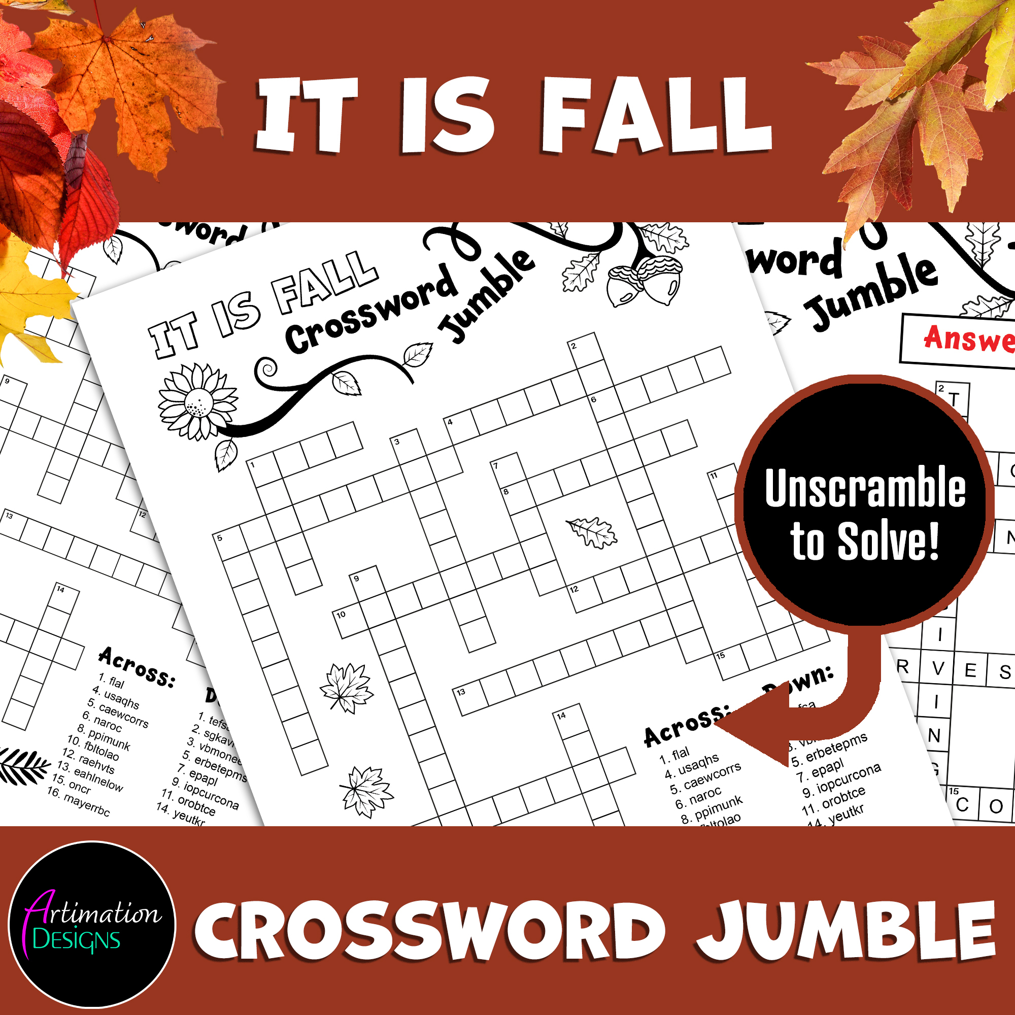 Fall Crossword Jumble Puzzle Autumn Word Scramble Word Game Activity Made By Teachers