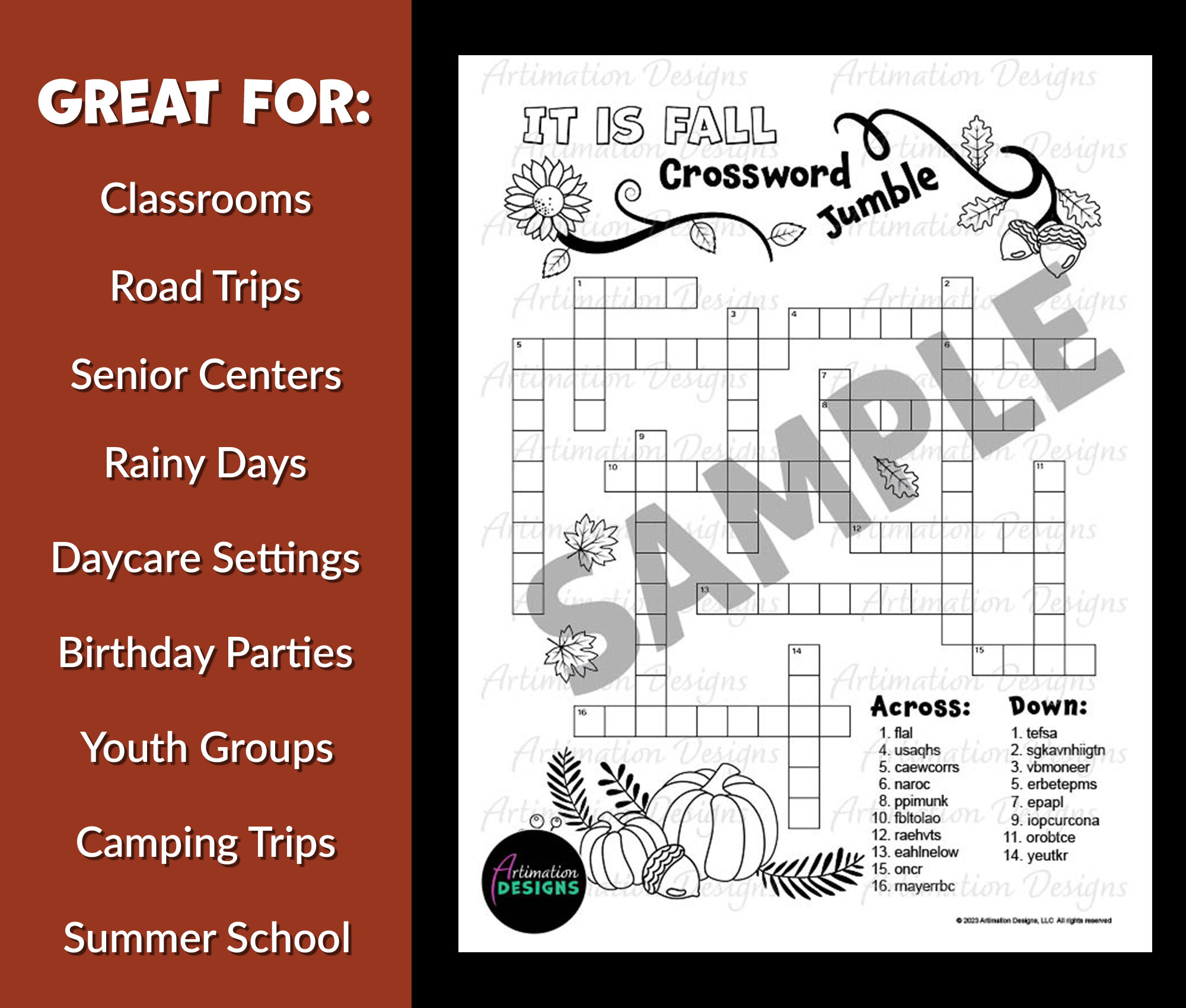 Fall Crossword Puzzle Autumn Word Scramble Word Game Brain Break Activity Classful