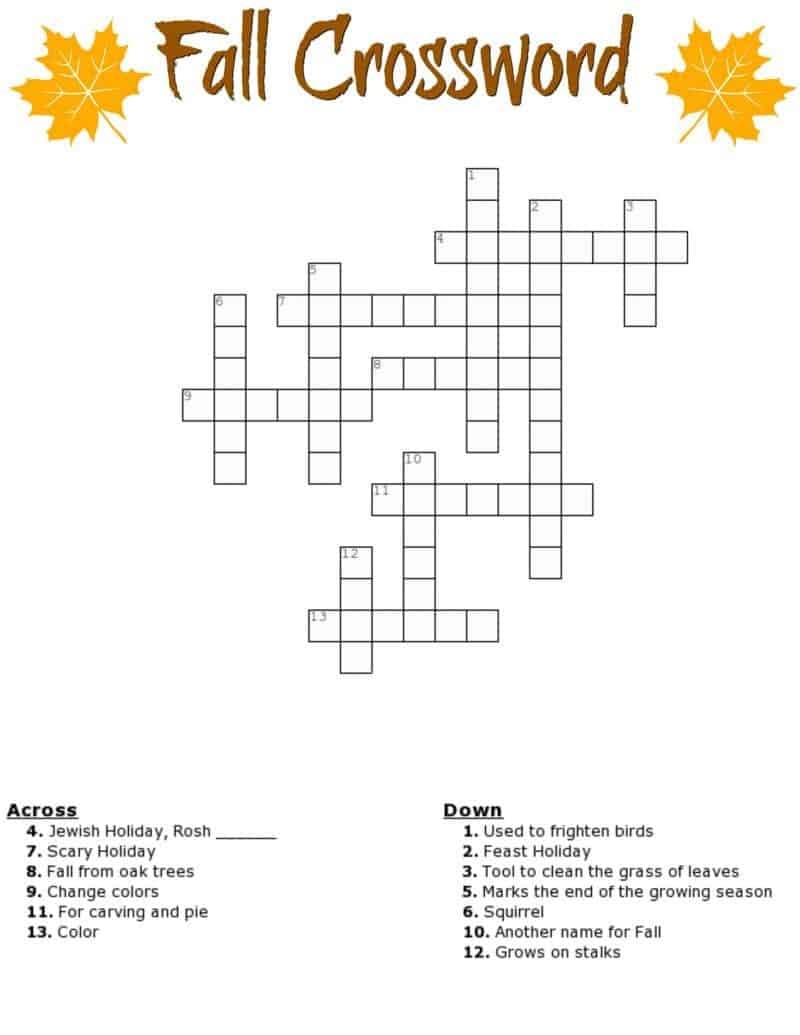 fall crossword puzzle free printable worksheet fall crossword puzzle free printable worksheet