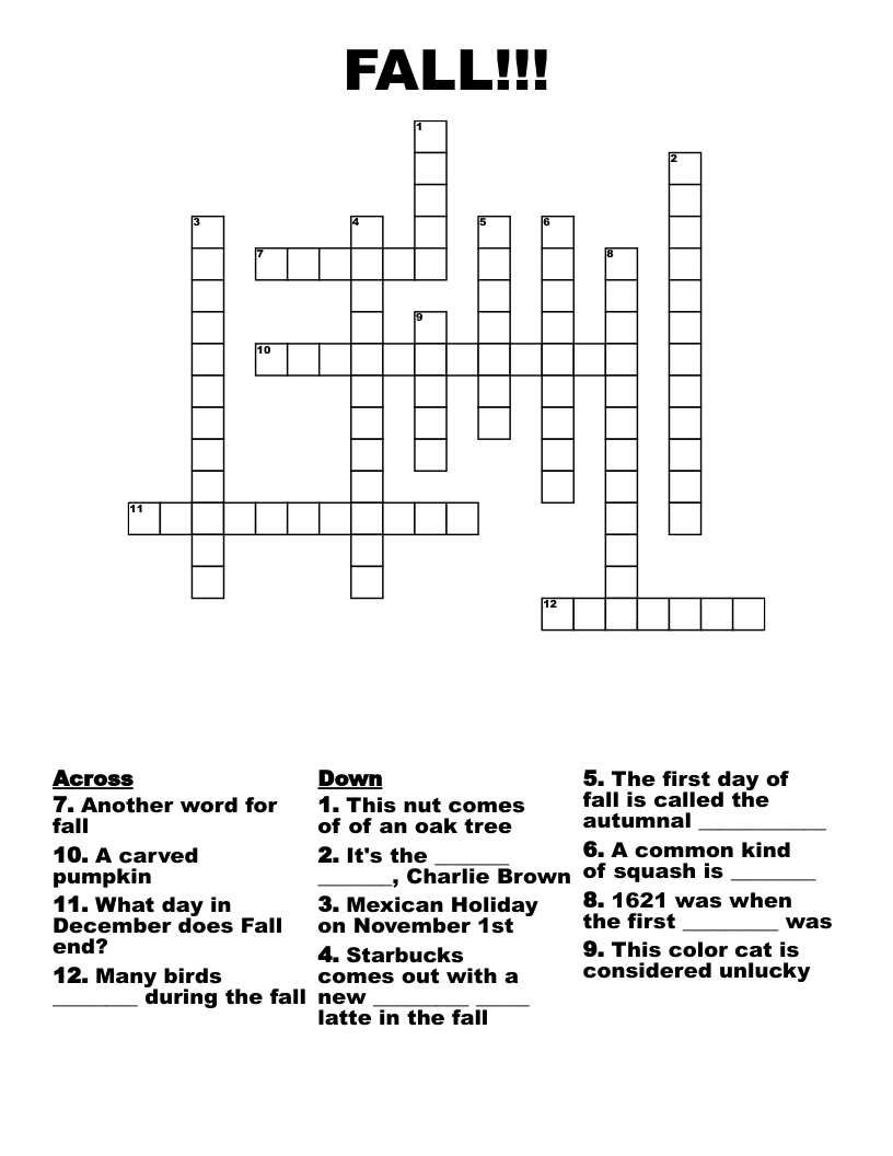 Fall Crossword Puzzles Printable Adult