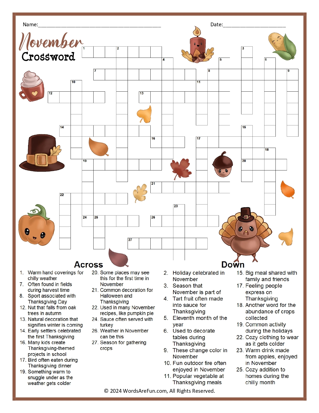 Easy Fall Crossword Puzzles Printable