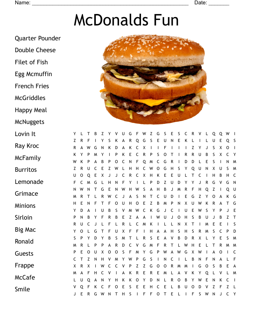 Fast Food Crosswords Word Searches Bingo Cards WordMint