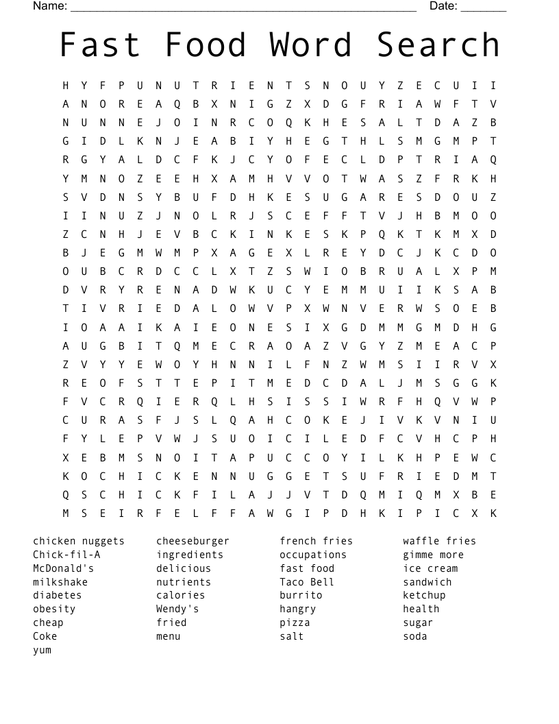 Fast Food Word Search WordMint