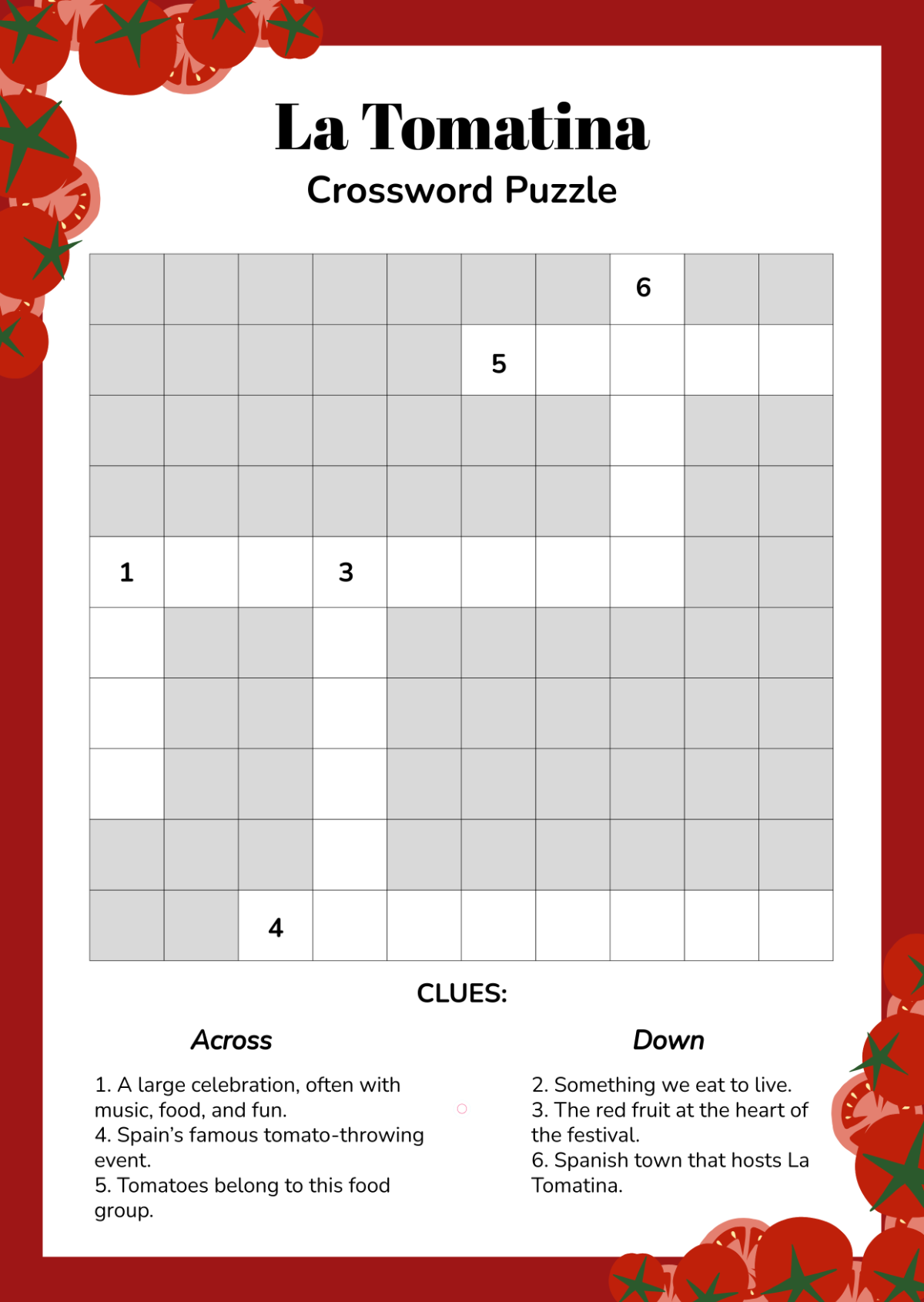 Free La Tomatina Crossword Puzzle Template To Edit Online