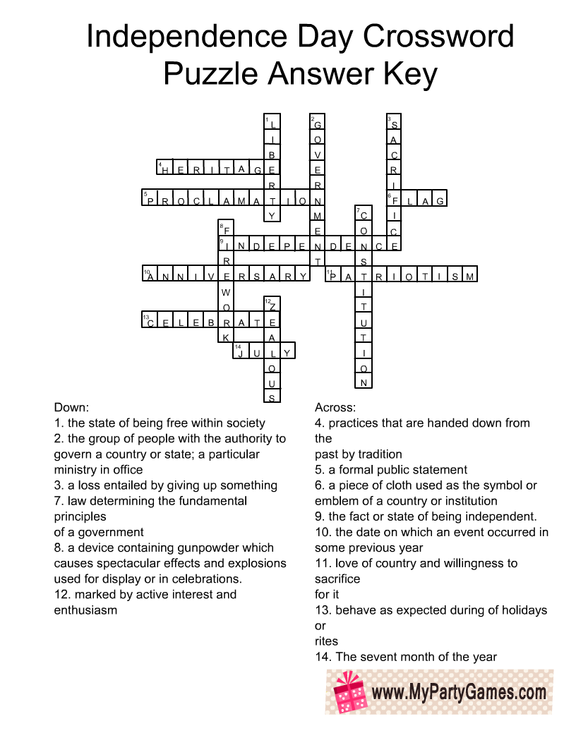 free printable 4th of july crossword puzzle with answer key