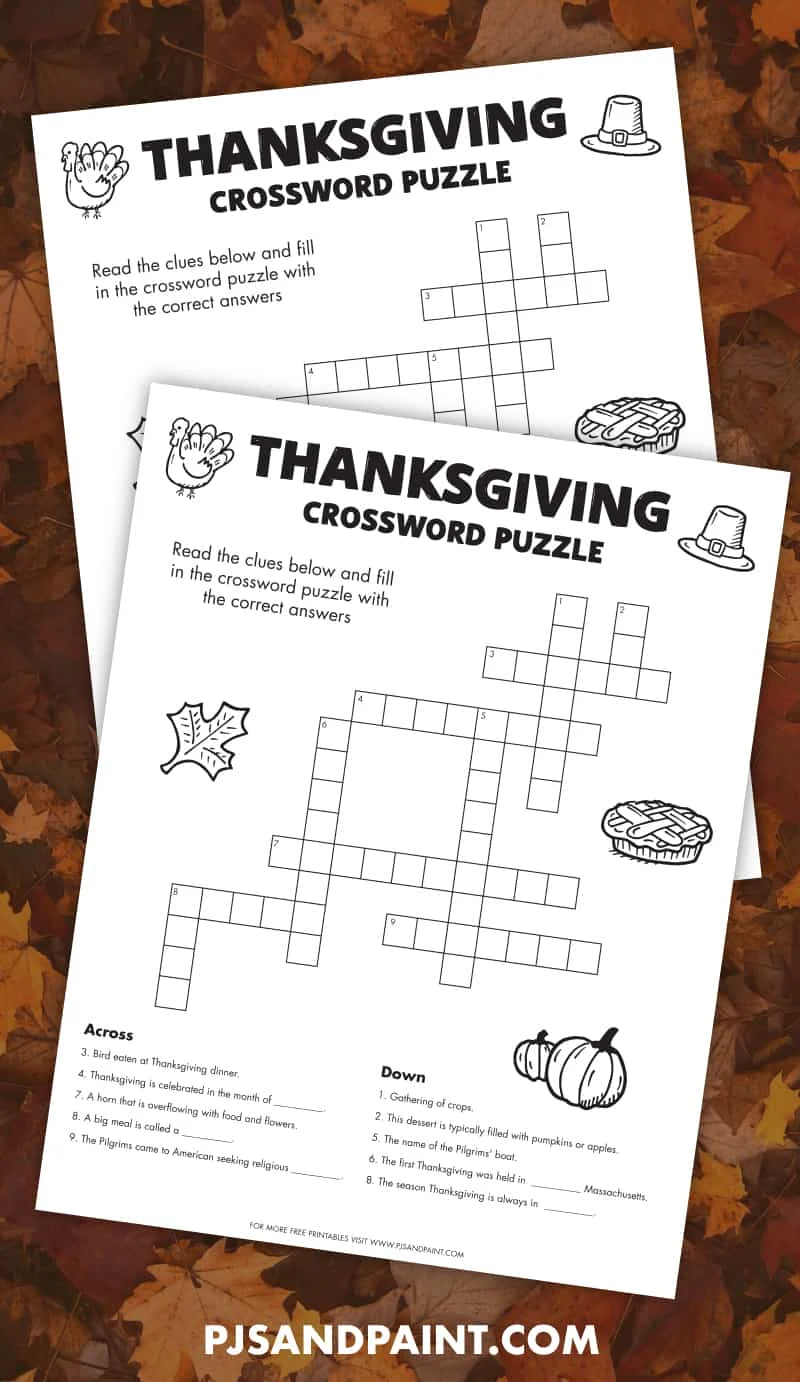 Free Printable Thanksgiving Crossword Puzzle Pjs And Paint