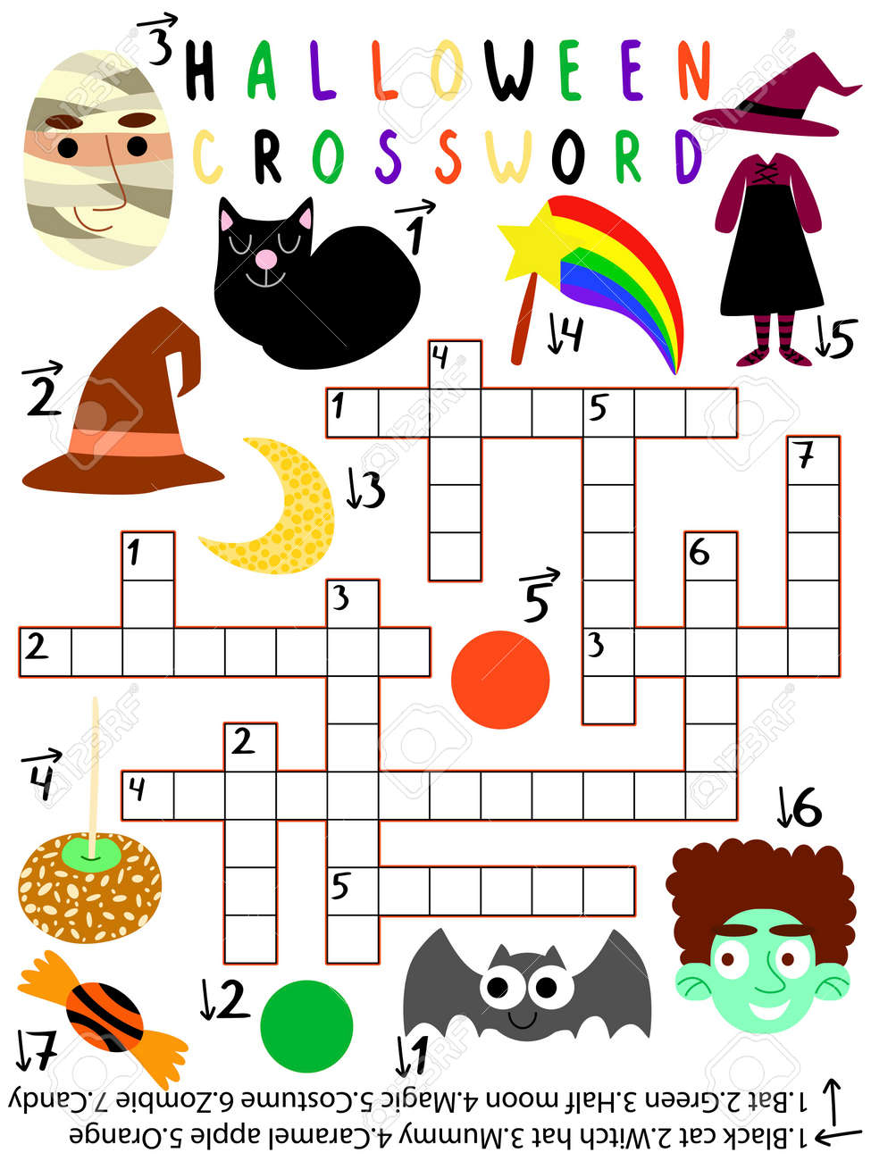 funny educational halloween crossword stock vector illustration children printable vertical game with answer big halloween crossword with little cartoon pictures and twelve words down and across royalty free svg cliparts vectors and