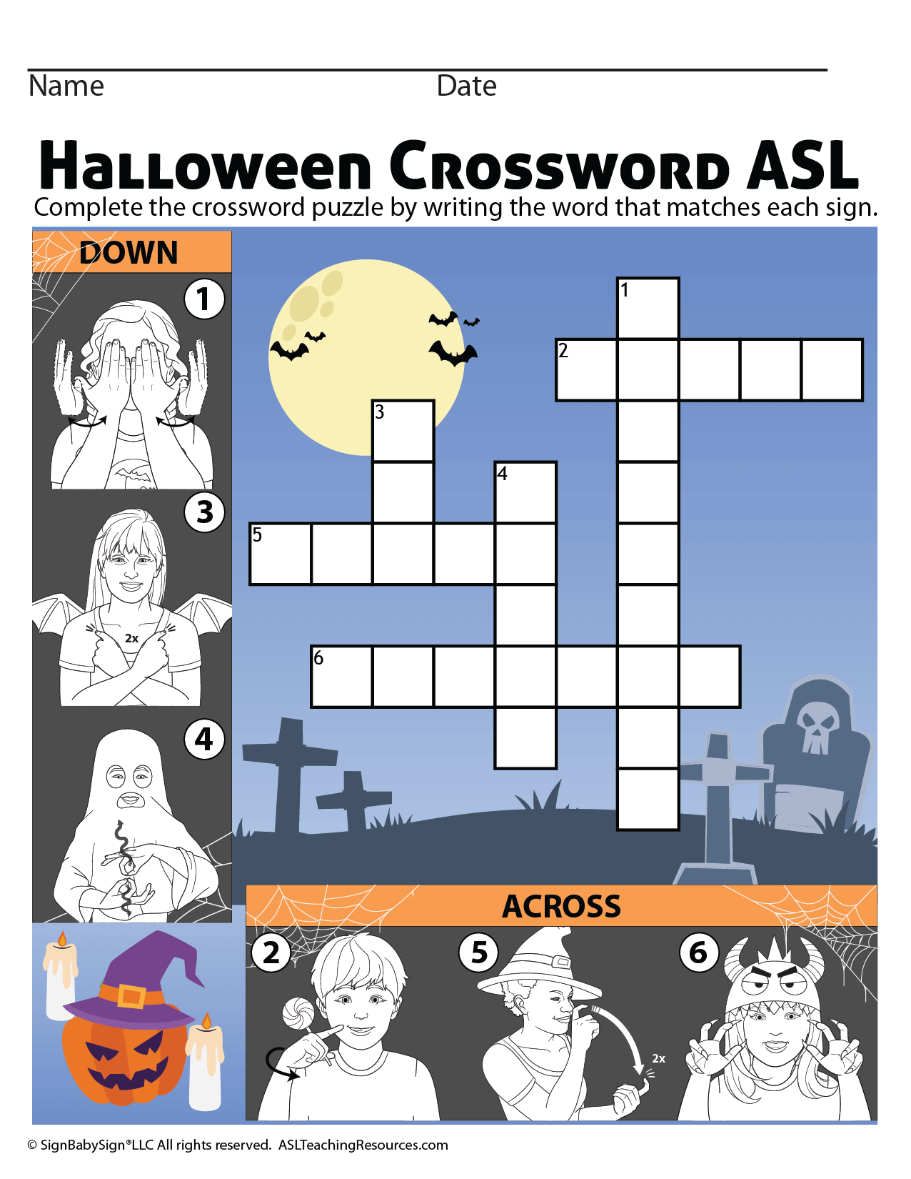 games for sign language halloween crosswords read and match asl teaching resources