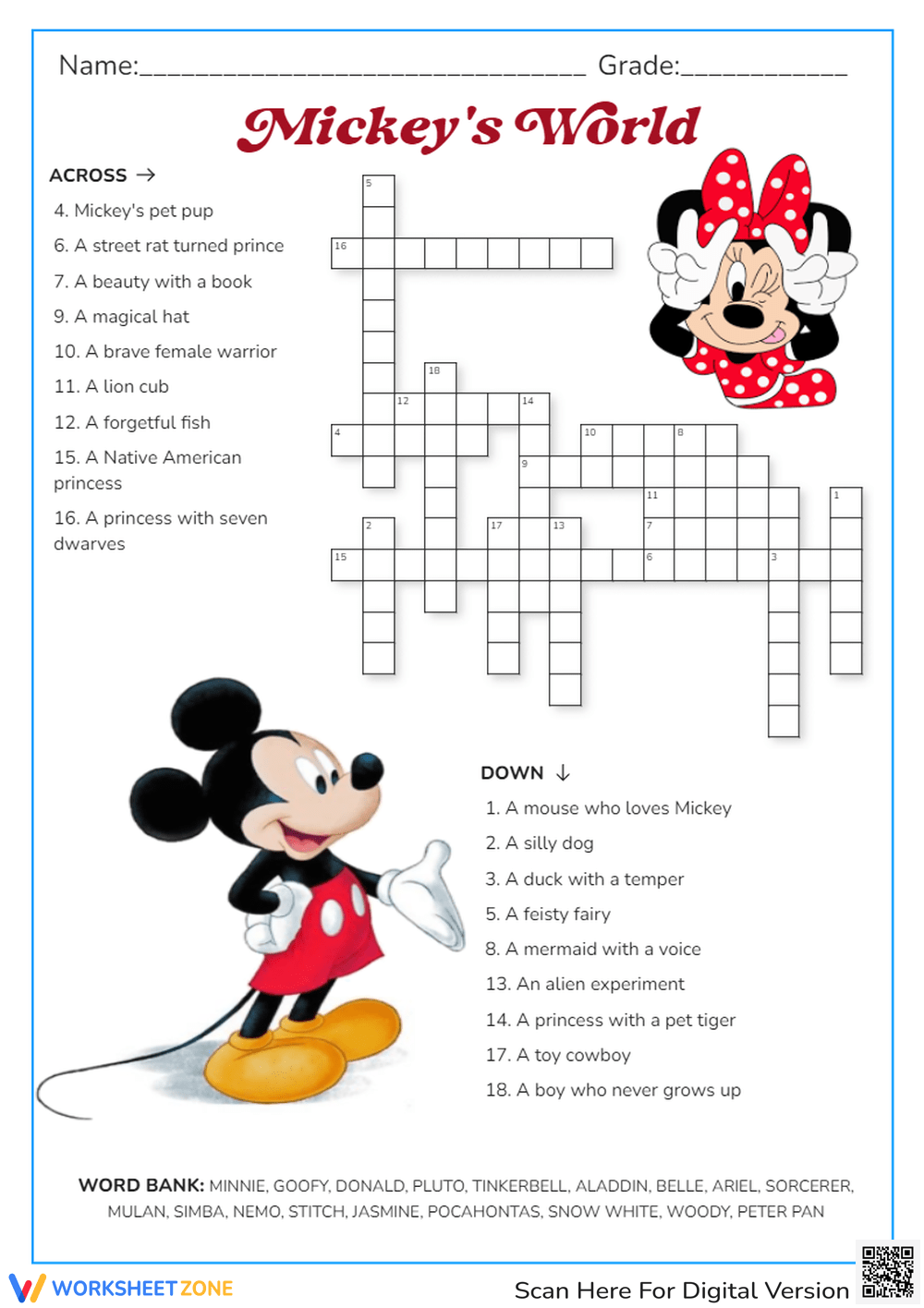 Grade 2 Disney Crossword Puzzles Worksheets 2025